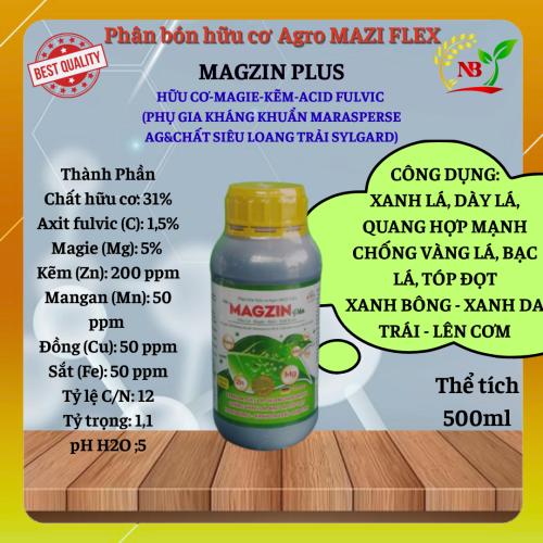 Phân bón hữu cơ  Agro MAZI FLEX HIỆU MAGZIN PLUS HỮU CƠ-MAGIE-KẼM-ACID FULVIC  (PHỤ GIA KHÁNG KHUẨN MARASPERSE AG&CHẤT SIÊU LOANG TRẢI SYLGARD) 500ML